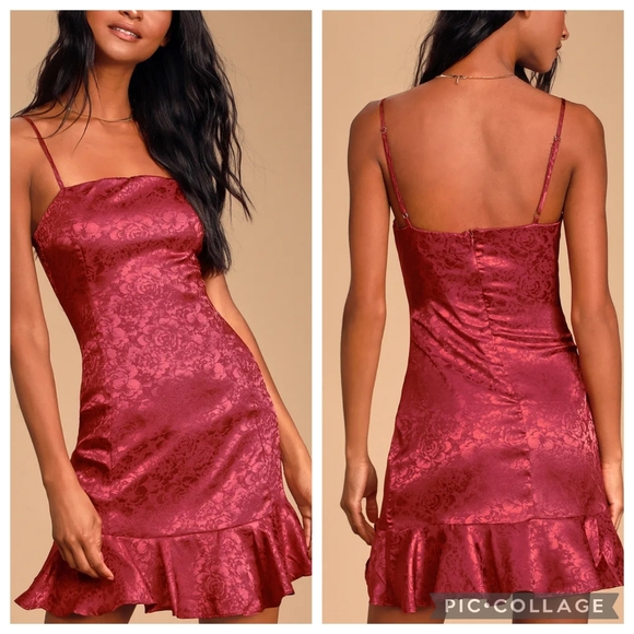 Lulus Dresses & Skirts - Lulus Kali Floral Satin Ruffle Mini Slip Dress Burgundy Red Size S